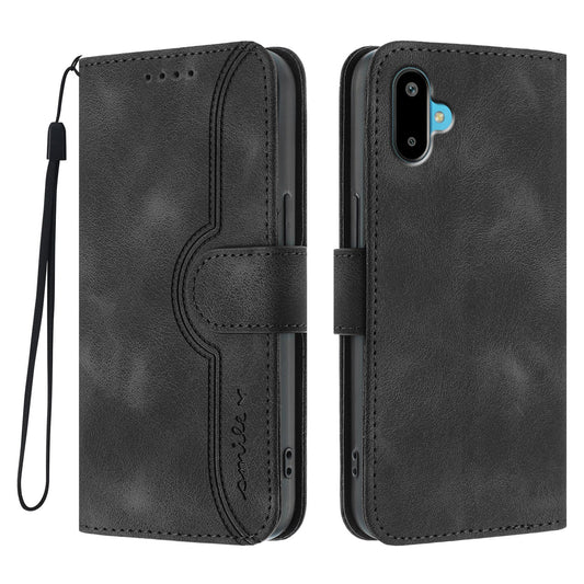 For Samsung Galaxy M06 5G / Galaxy F06 5G Leather Case Wallet Stand Smile Imprinted Phone Cover with Strap - Black