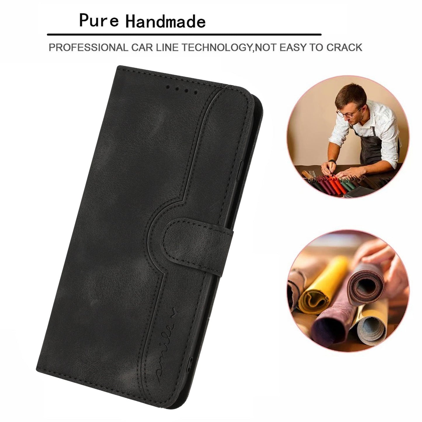 For Samsung Galaxy M06 5G / Galaxy F06 5G Leather Case Wallet Stand Smile Imprinted Phone Cover with Strap - Black