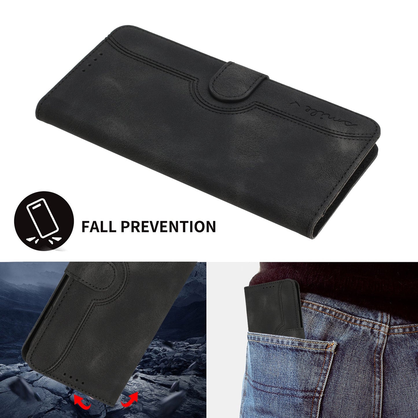 For Samsung Galaxy M06 5G / Galaxy F06 5G Leather Case Wallet Stand Smile Imprinted Phone Cover with Strap - Black