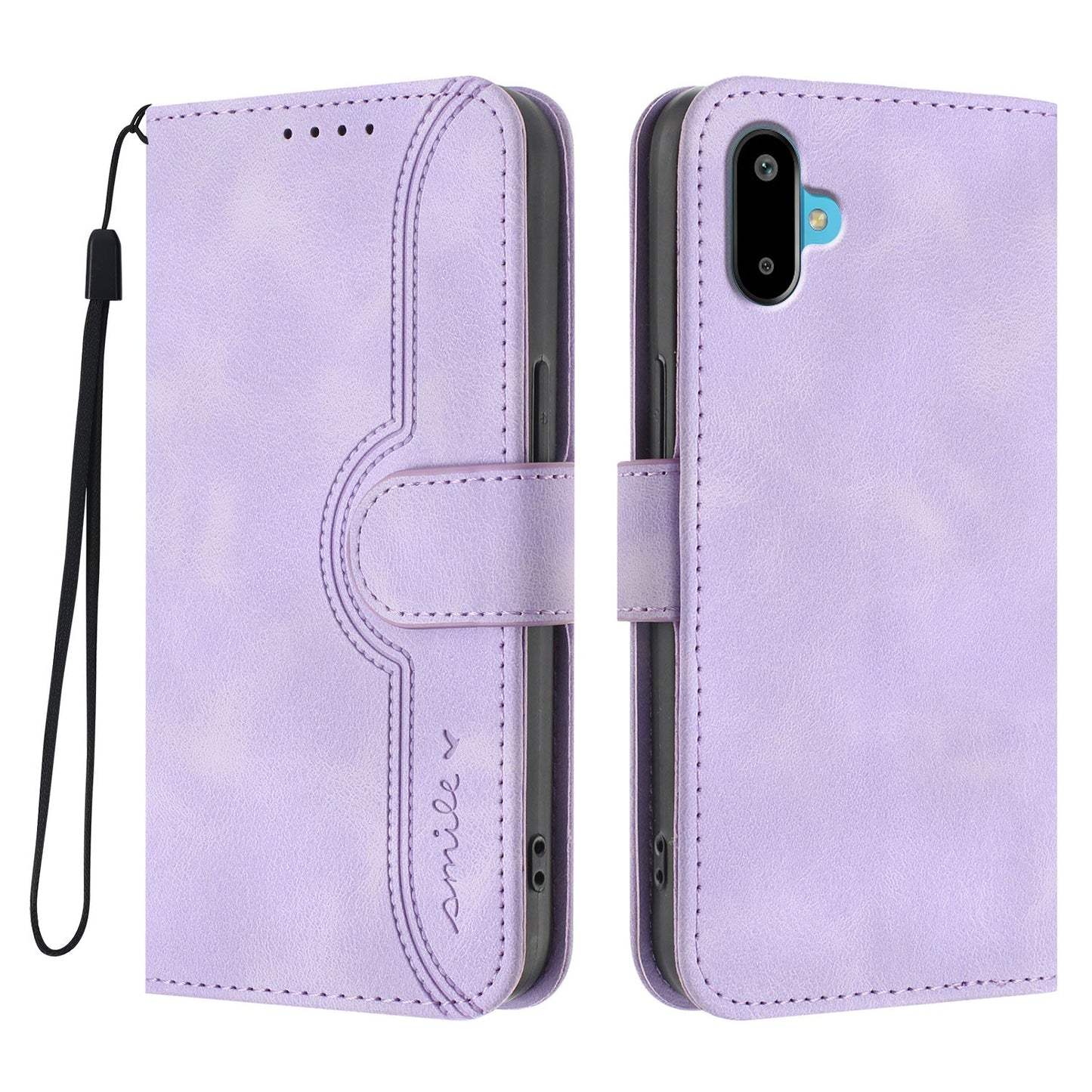 For Samsung Galaxy M06 5G / Galaxy F06 5G Leather Case Wallet Stand Smile Imprinted Phone Cover with Strap - Purple