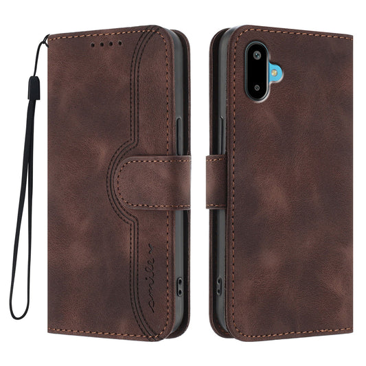 For Samsung Galaxy M06 5G / Galaxy F06 5G Leather Case Wallet Stand Smile Imprinted Phone Cover with Strap - Coffee