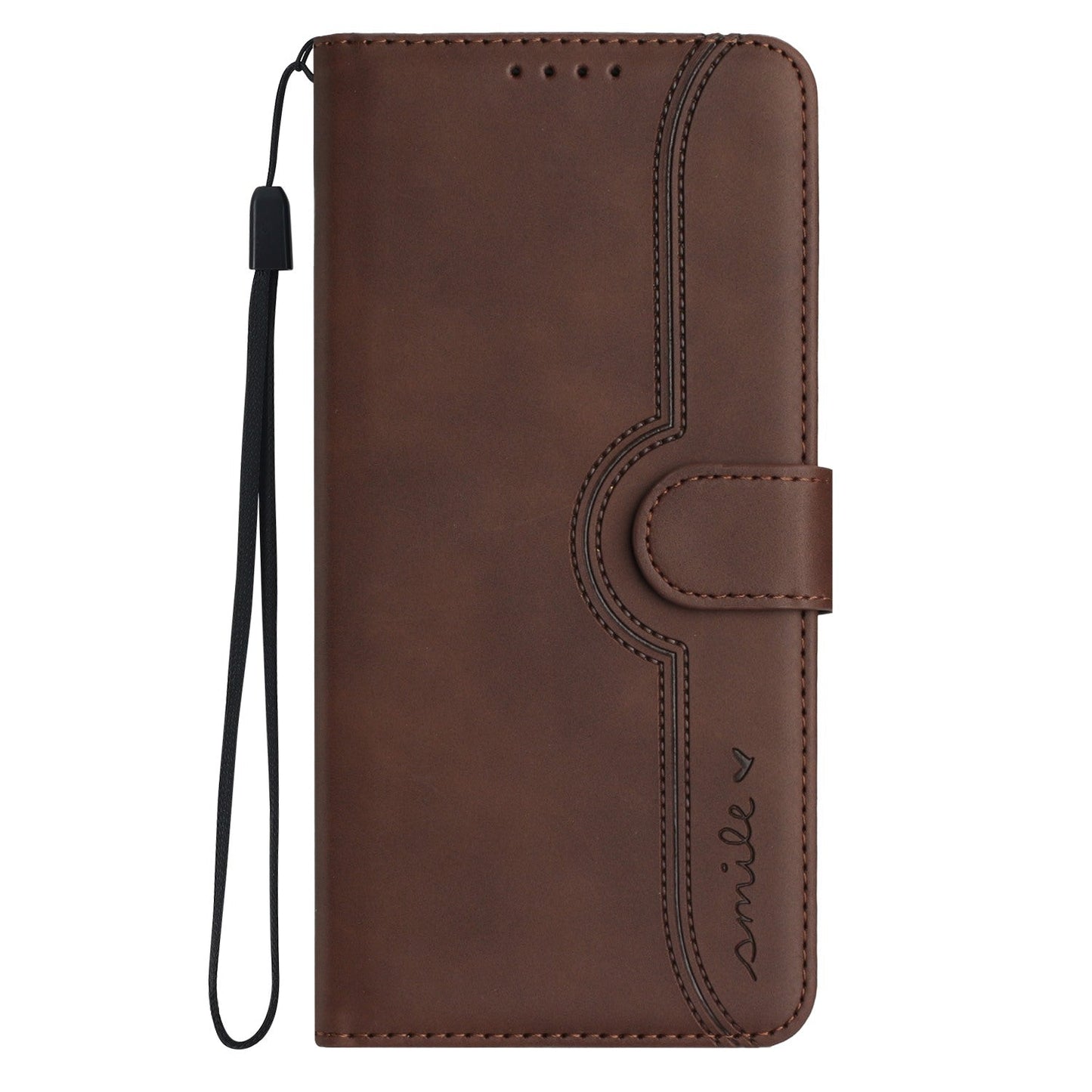 For Samsung Galaxy M06 5G / Galaxy F06 5G Leather Case Wallet Stand Smile Imprinted Phone Cover with Strap - Coffee