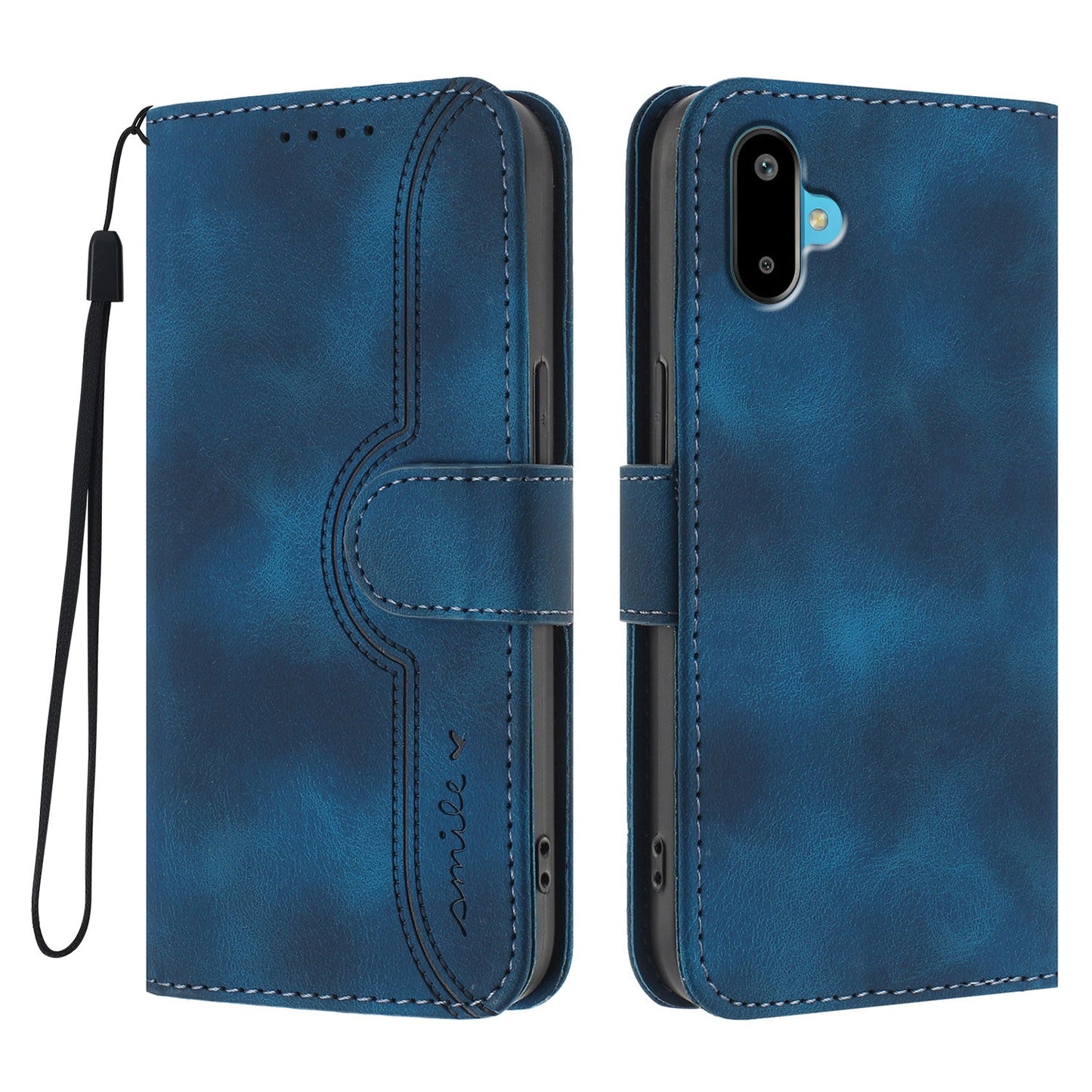 For Samsung Galaxy M06 5G / Galaxy F06 5G Leather Case Wallet Stand Smile Imprinted Phone Cover with Strap - Royal Blue
