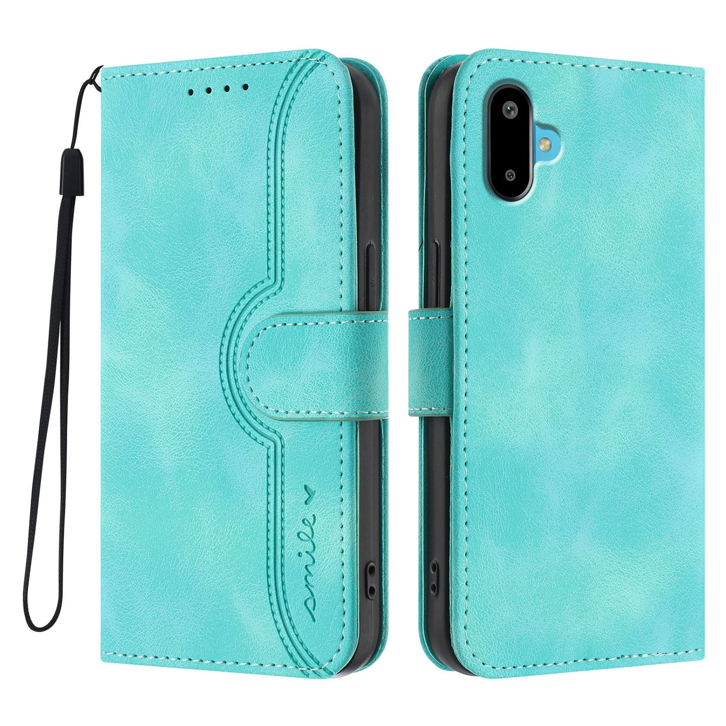 For Samsung Galaxy M06 5G / Galaxy F06 5G Leather Case Wallet Stand Smile Imprinted Phone Cover with Strap - Light Blue