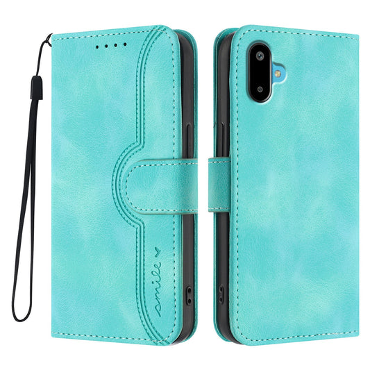 For Samsung Galaxy M06 5G / Galaxy F06 5G Leather Case Wallet Stand Smile Imprinted Phone Cover with Strap - Light Blue