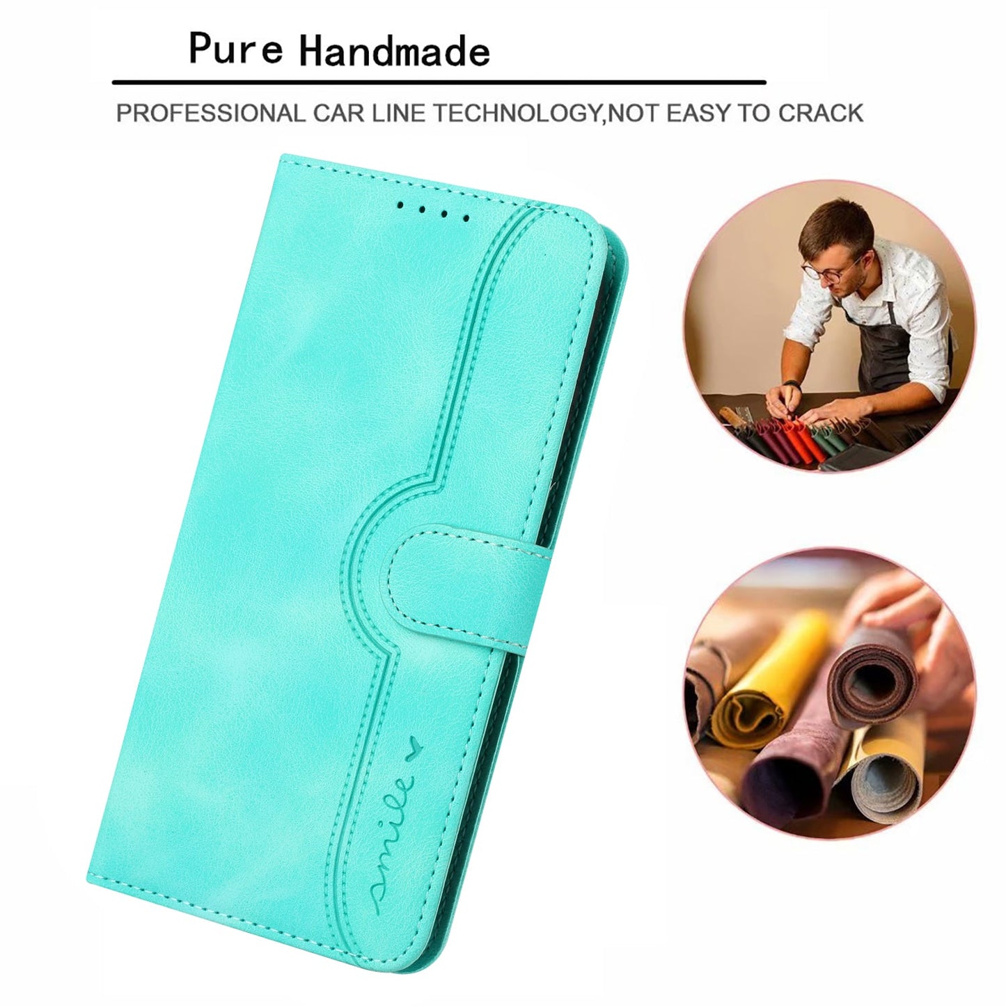 For Samsung Galaxy M06 5G / Galaxy F06 5G Leather Case Wallet Stand Smile Imprinted Phone Cover with Strap - Light Blue