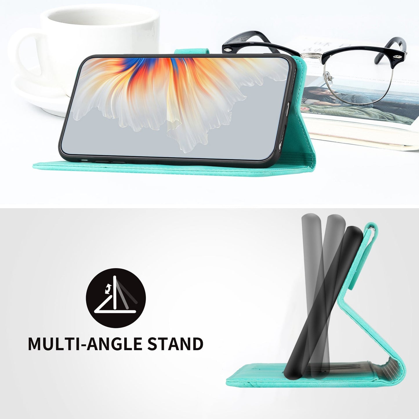 For Samsung Galaxy M06 5G / Galaxy F06 5G Leather Case Wallet Stand Smile Imprinted Phone Cover with Strap - Light Blue