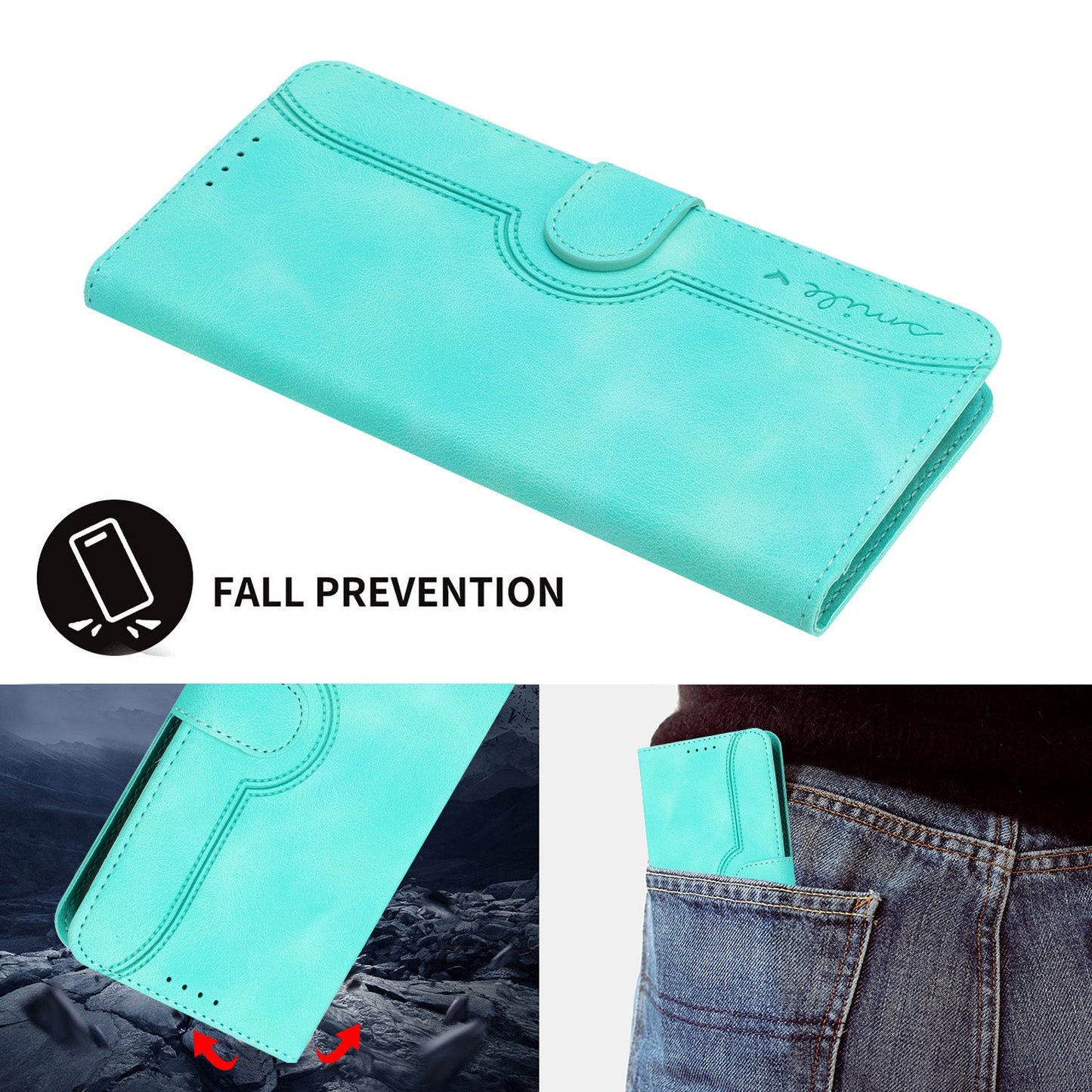 For Samsung Galaxy M06 5G / Galaxy F06 5G Leather Case Wallet Stand Smile Imprinted Phone Cover with Strap - Light Blue