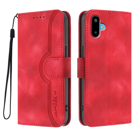 For Samsung Galaxy M06 5G / Galaxy F06 5G Leather Case Wallet Stand Smile Imprinted Phone Cover with Strap - Red