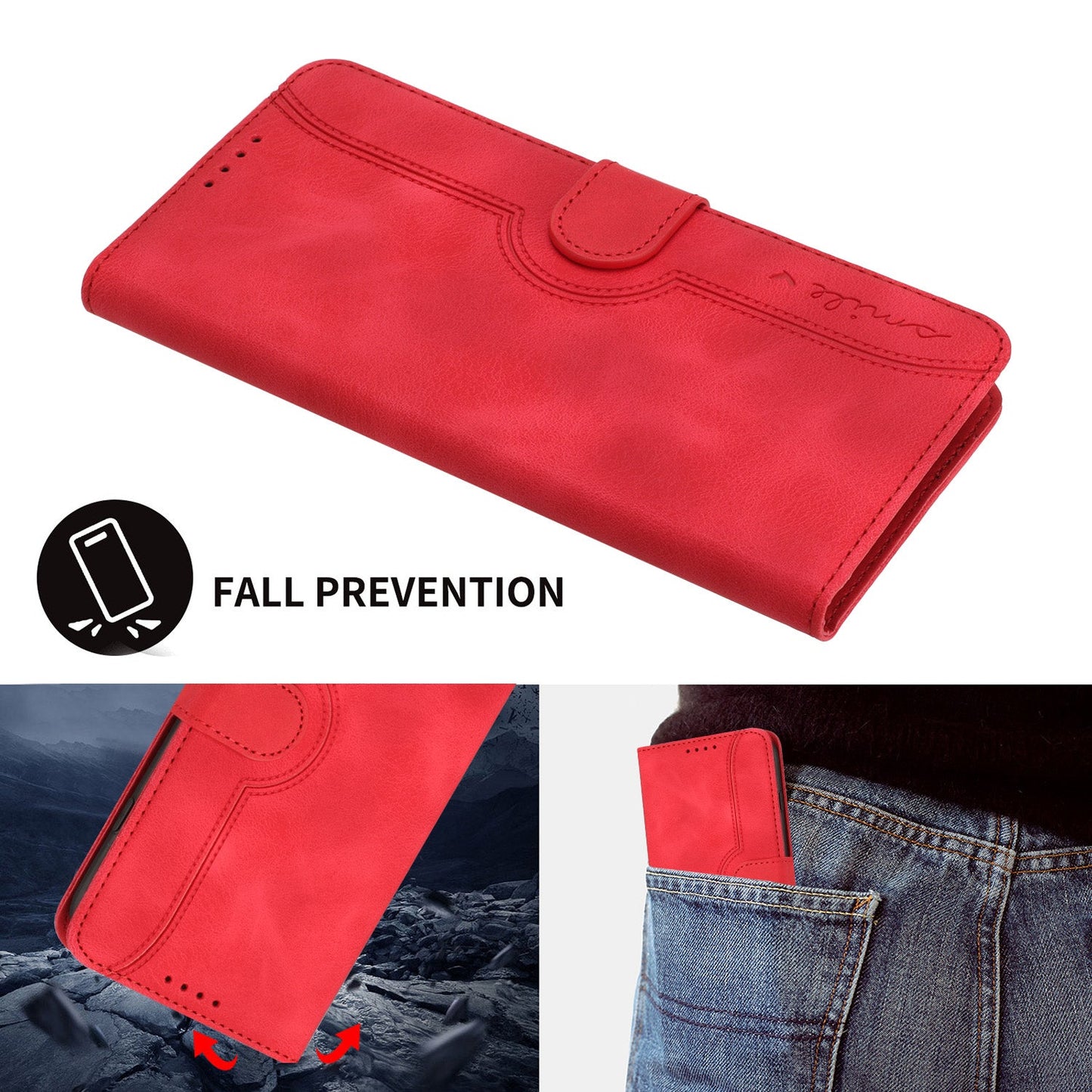 For Samsung Galaxy M06 5G / Galaxy F06 5G Leather Case Wallet Stand Smile Imprinted Phone Cover with Strap - Red