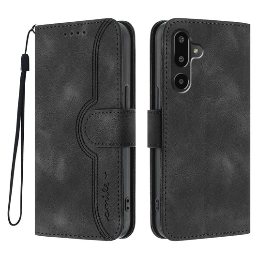 For Samsung Galaxy M16 5G / Galaxy F16 5G Leather Case Wallet Stand Smile Imprinted Phone Cover with Strap - Black