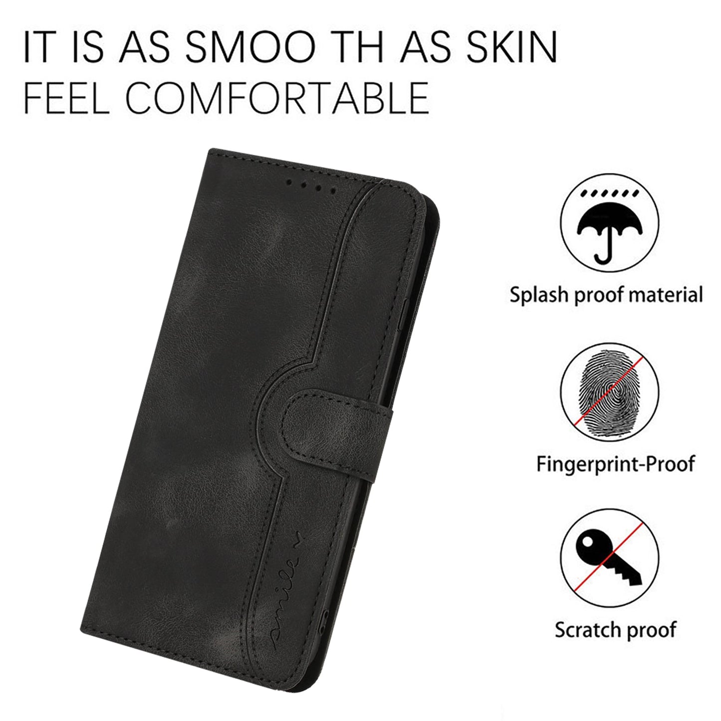 For Samsung Galaxy M16 5G / Galaxy F16 5G Leather Case Wallet Stand Smile Imprinted Phone Cover with Strap - Black