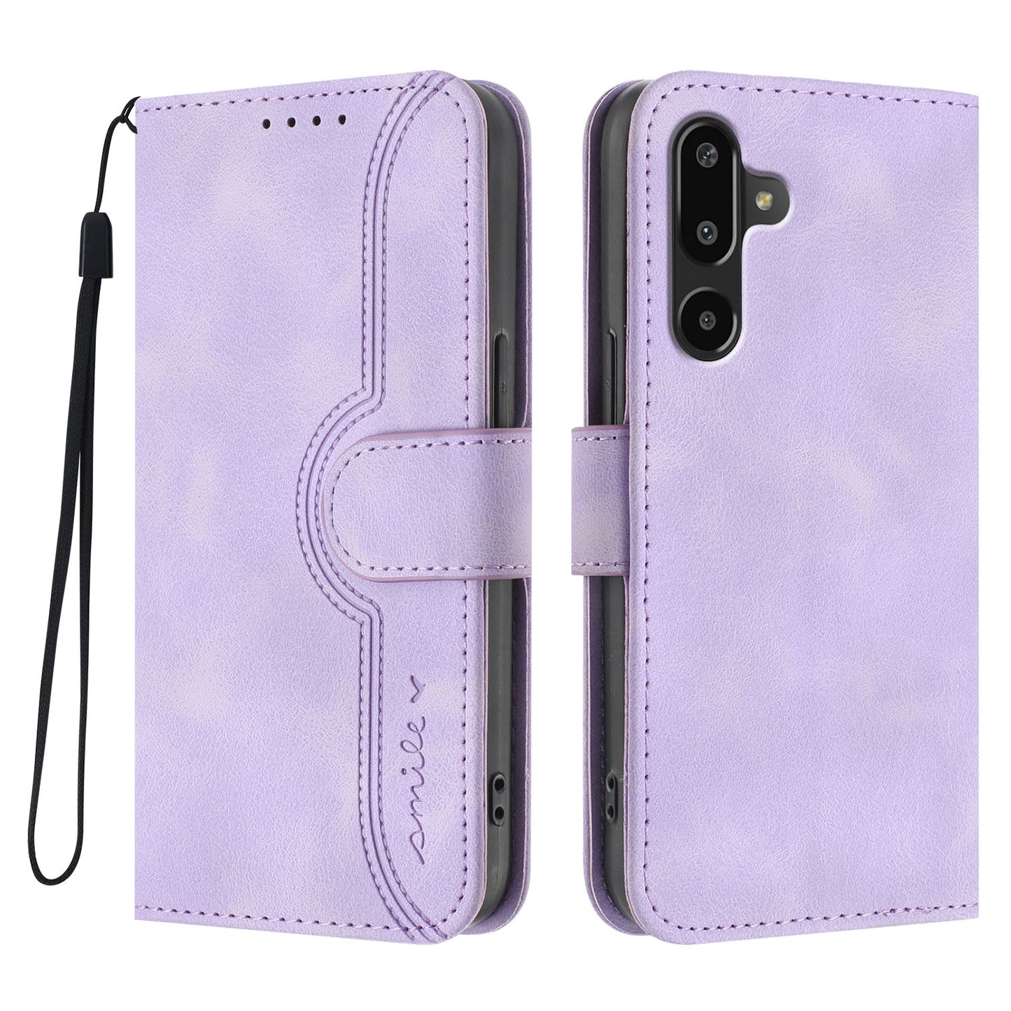 For Samsung Galaxy M16 5G / Galaxy F16 5G Leather Case Wallet Stand Smile Imprinted Phone Cover with Strap - Purple