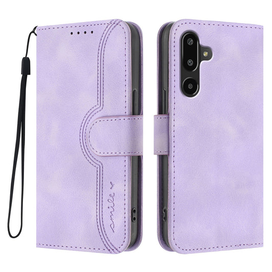 For Samsung Galaxy M16 5G / Galaxy F16 5G Leather Case Wallet Stand Smile Imprinted Phone Cover with Strap - Purple