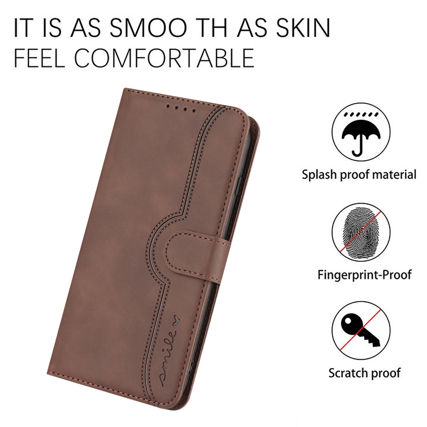 For Samsung Galaxy M16 5G / Galaxy F16 5G Leather Case Wallet Stand Smile Imprinted Phone Cover with Strap - Coffee