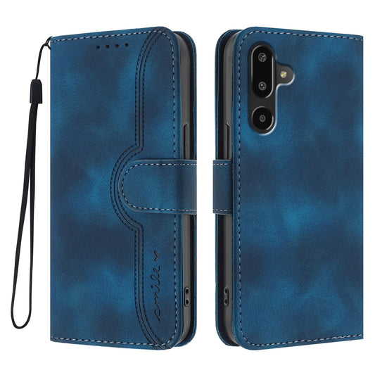 For Samsung Galaxy M16 5G / Galaxy F16 5G Leather Case Wallet Stand Smile Imprinted Phone Cover with Strap - Royal Blue