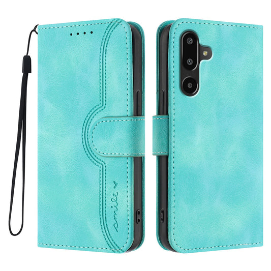 For Samsung Galaxy M16 5G / Galaxy F16 5G Leather Case Wallet Stand Smile Imprinted Phone Cover with Strap - Light Blue