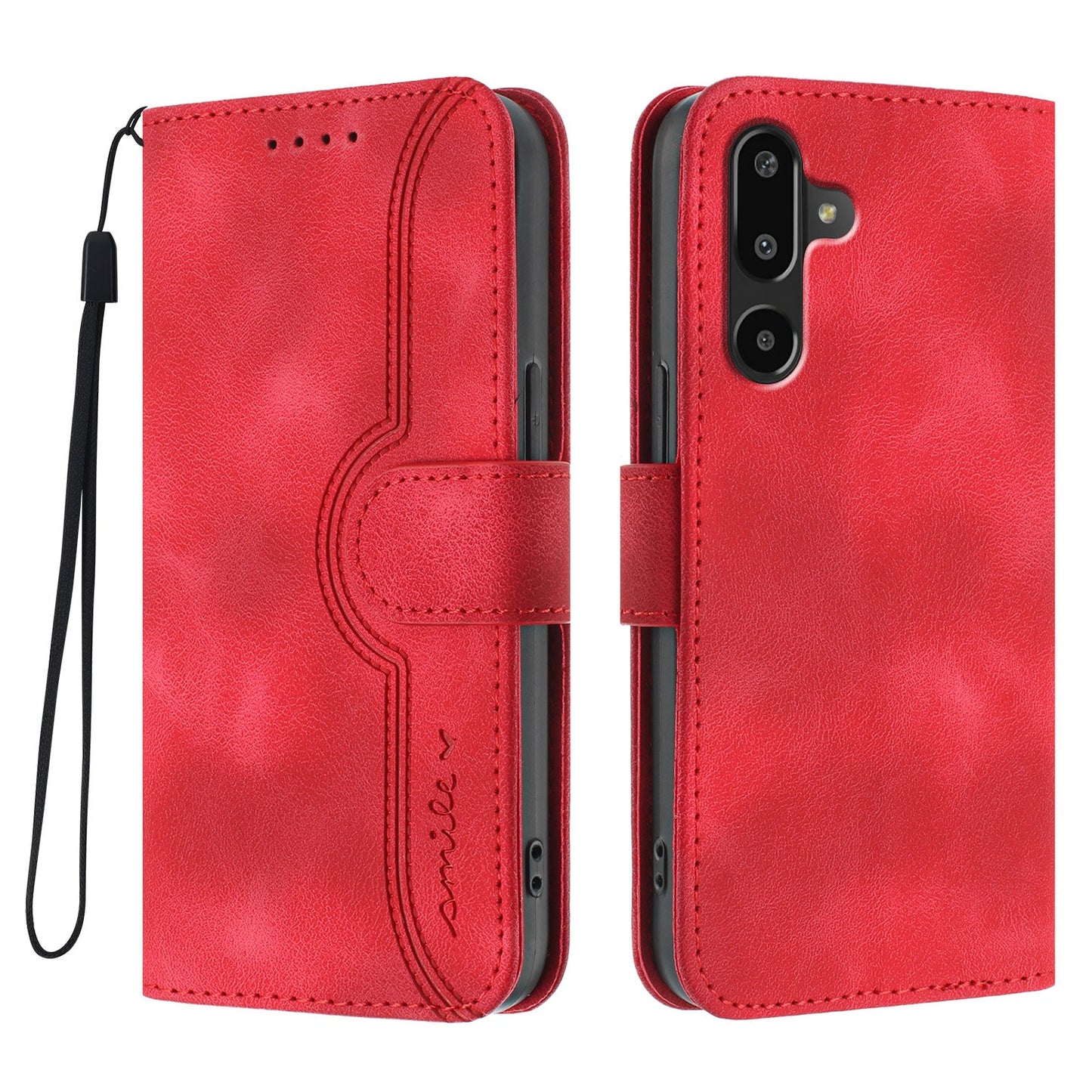 For Samsung Galaxy M16 5G / Galaxy F16 5G Leather Case Wallet Stand Smile Imprinted Phone Cover with Strap - Red