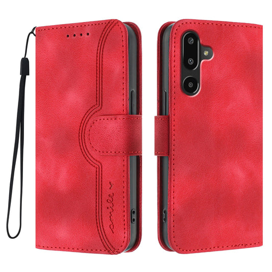 For Samsung Galaxy M16 5G / Galaxy F16 5G Leather Case Wallet Stand Smile Imprinted Phone Cover with Strap - Red