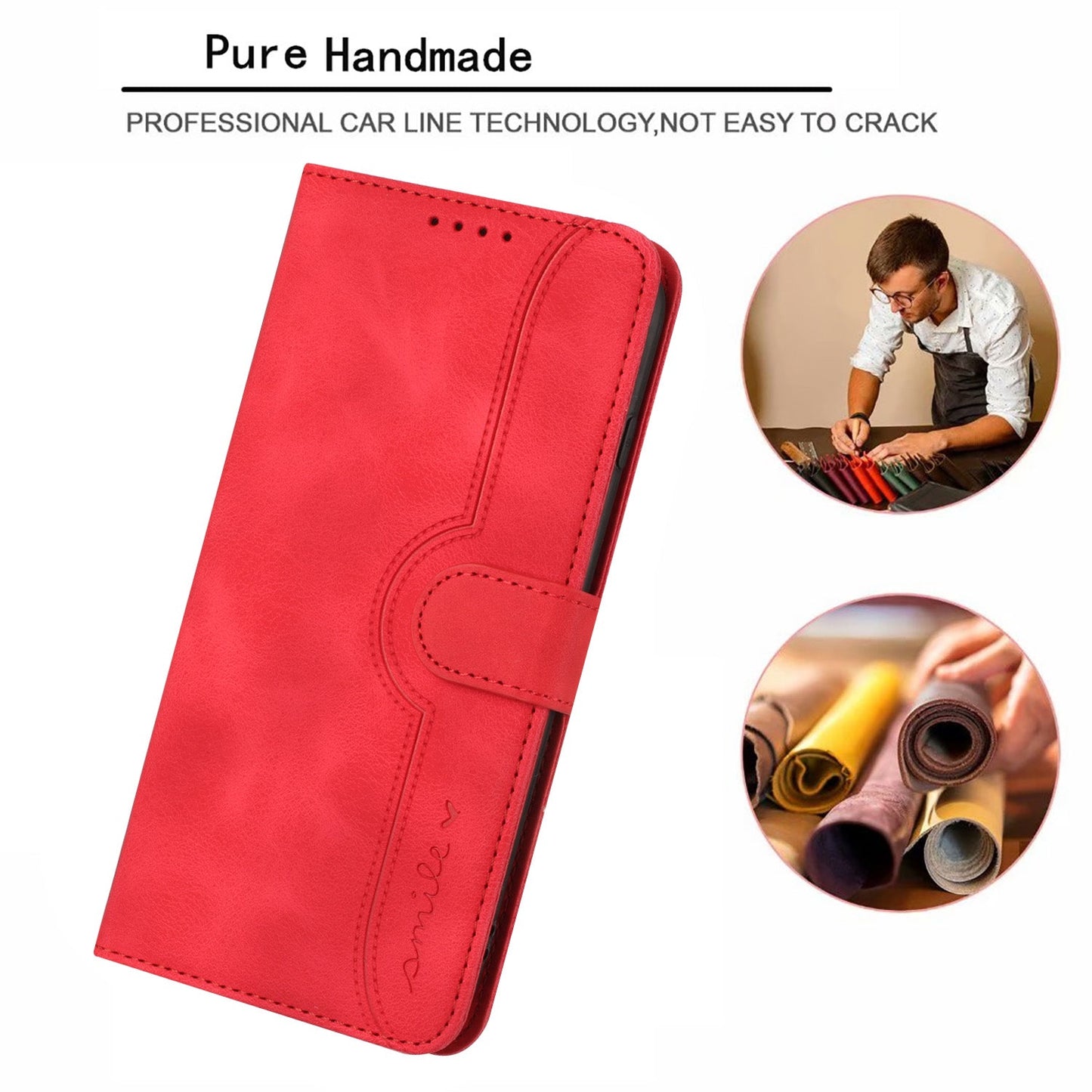 For Samsung Galaxy M16 5G / Galaxy F16 5G Leather Case Wallet Stand Smile Imprinted Phone Cover with Strap - Red