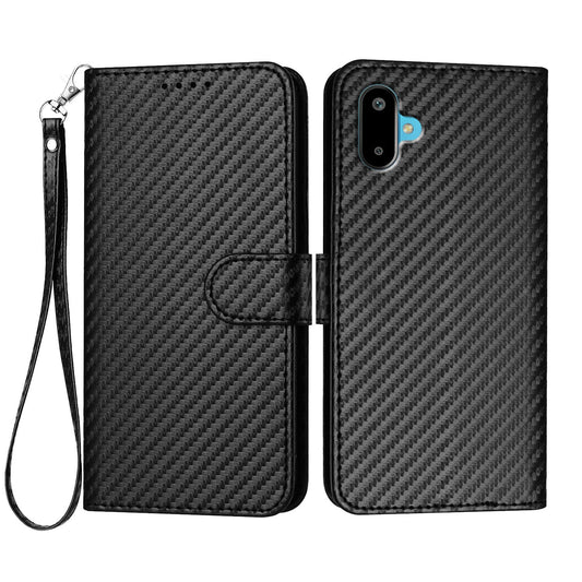For Samsung Galaxy M06 5G / Galaxy F06 5G Wallet Case with Strap Carbon Fiber Texture Leather Mobile Cover - Black
