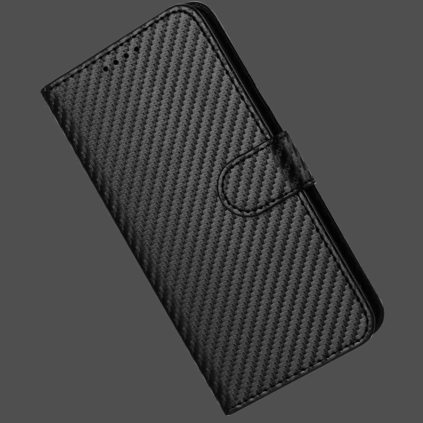 For Samsung Galaxy M06 5G / Galaxy F06 5G Wallet Case with Strap Carbon Fiber Texture Leather Mobile Cover - Black