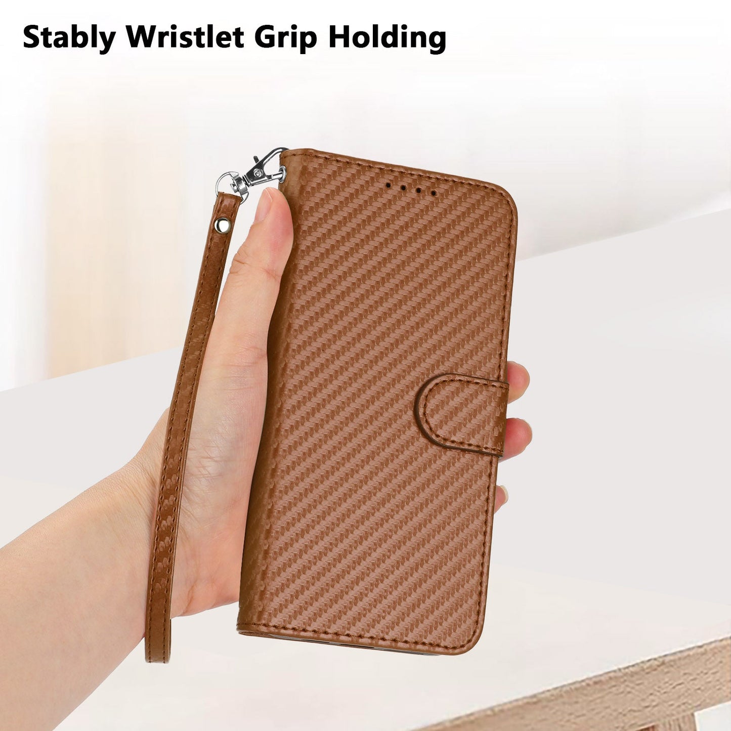 For Samsung Galaxy M06 5G / Galaxy F06 5G Wallet Case with Strap Carbon Fiber Texture Leather Mobile Cover - Coffee