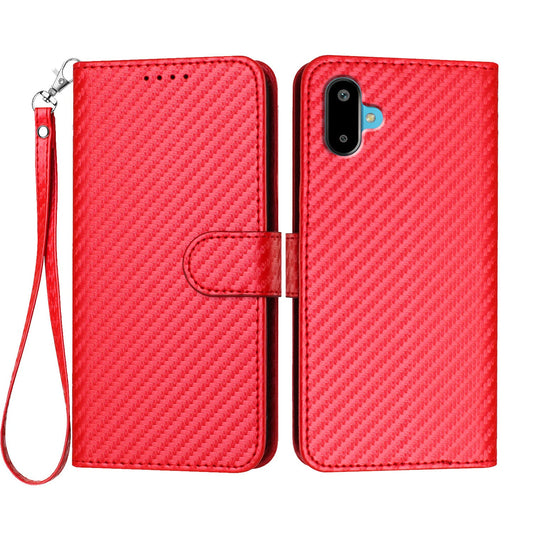 For Samsung Galaxy M06 5G / Galaxy F06 5G Wallet Case with Strap Carbon Fiber Texture Leather Mobile Cover - Red