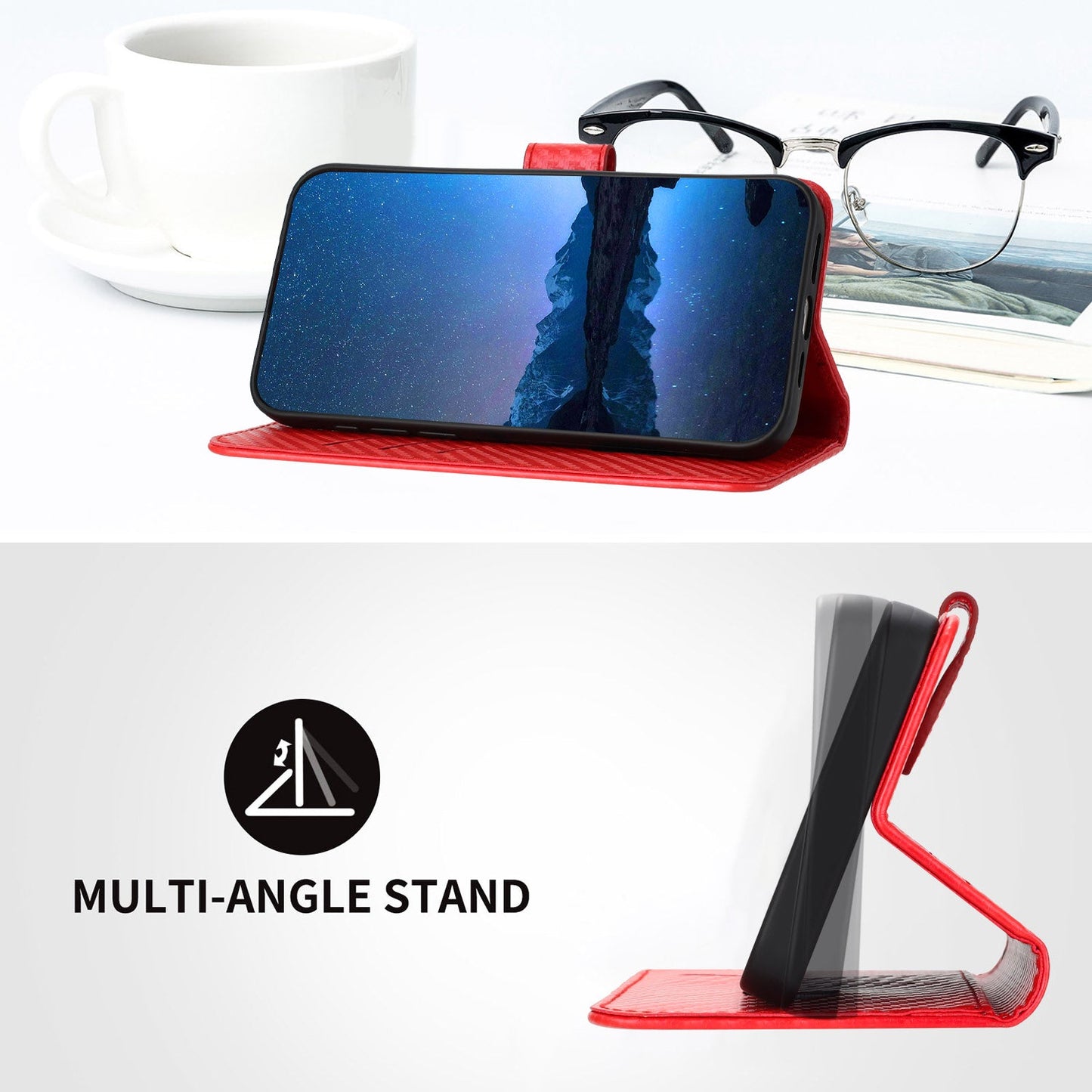 For Samsung Galaxy M06 5G / Galaxy F06 5G Wallet Case with Strap Carbon Fiber Texture Leather Mobile Cover - Red