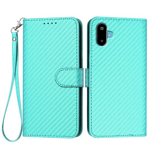 For Samsung Galaxy M06 5G / Galaxy F06 5G Wallet Case with Strap Carbon Fiber Texture Leather Mobile Cover - Light Blue