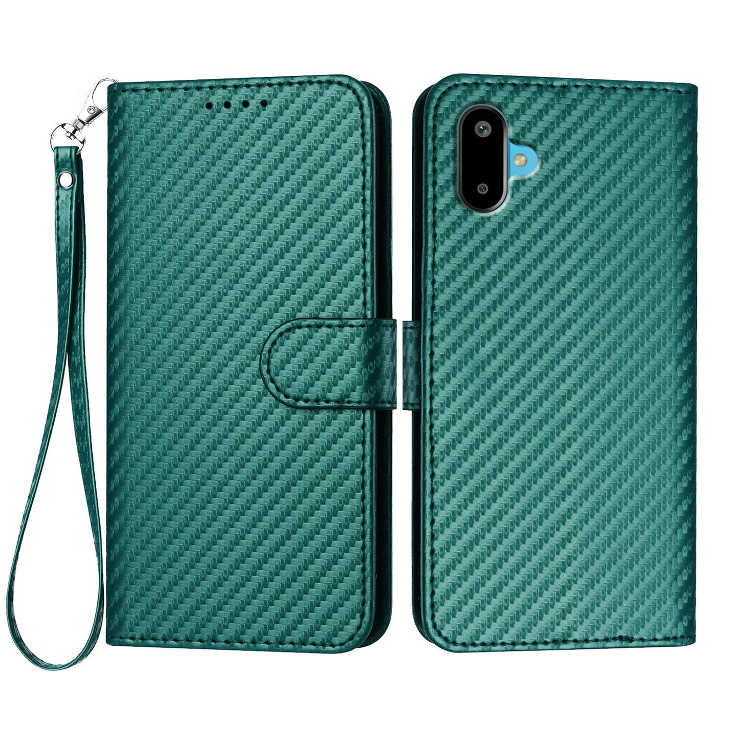 For Samsung Galaxy M06 5G / Galaxy F06 5G Wallet Case with Strap Carbon Fiber Texture Leather Mobile Cover - Blackish Green