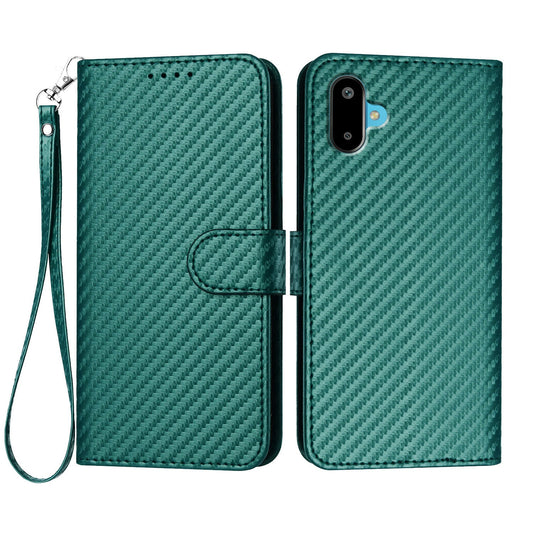 For Samsung Galaxy M06 5G / Galaxy F06 5G Wallet Case with Strap Carbon Fiber Texture Leather Mobile Cover - Blackish Green