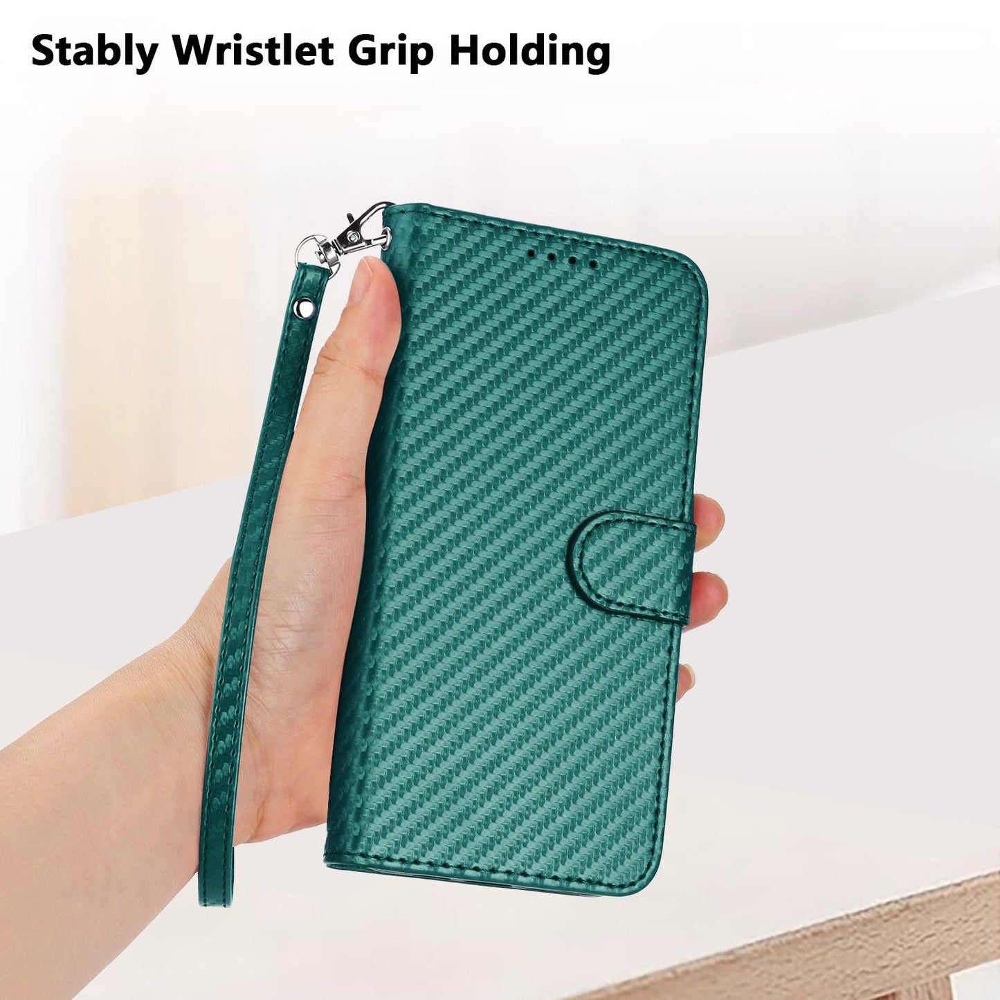 For Samsung Galaxy M06 5G / Galaxy F06 5G Wallet Case with Strap Carbon Fiber Texture Leather Mobile Cover - Blackish Green