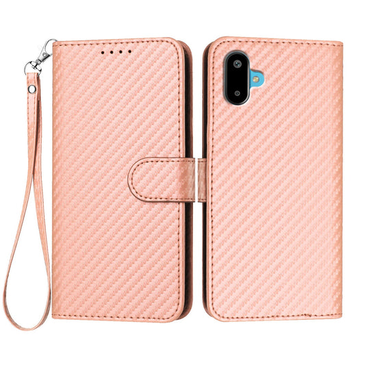 For Samsung Galaxy M06 5G / Galaxy F06 5G Wallet Case with Strap Carbon Fiber Texture Leather Mobile Cover - Pink