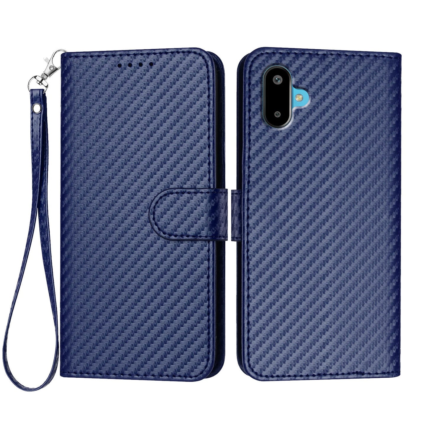 For Samsung Galaxy M16 5G / Galaxy F16 5G Wallet Case with Strap Carbon Fiber Texture Leather Mobile Cover - Royal Blue