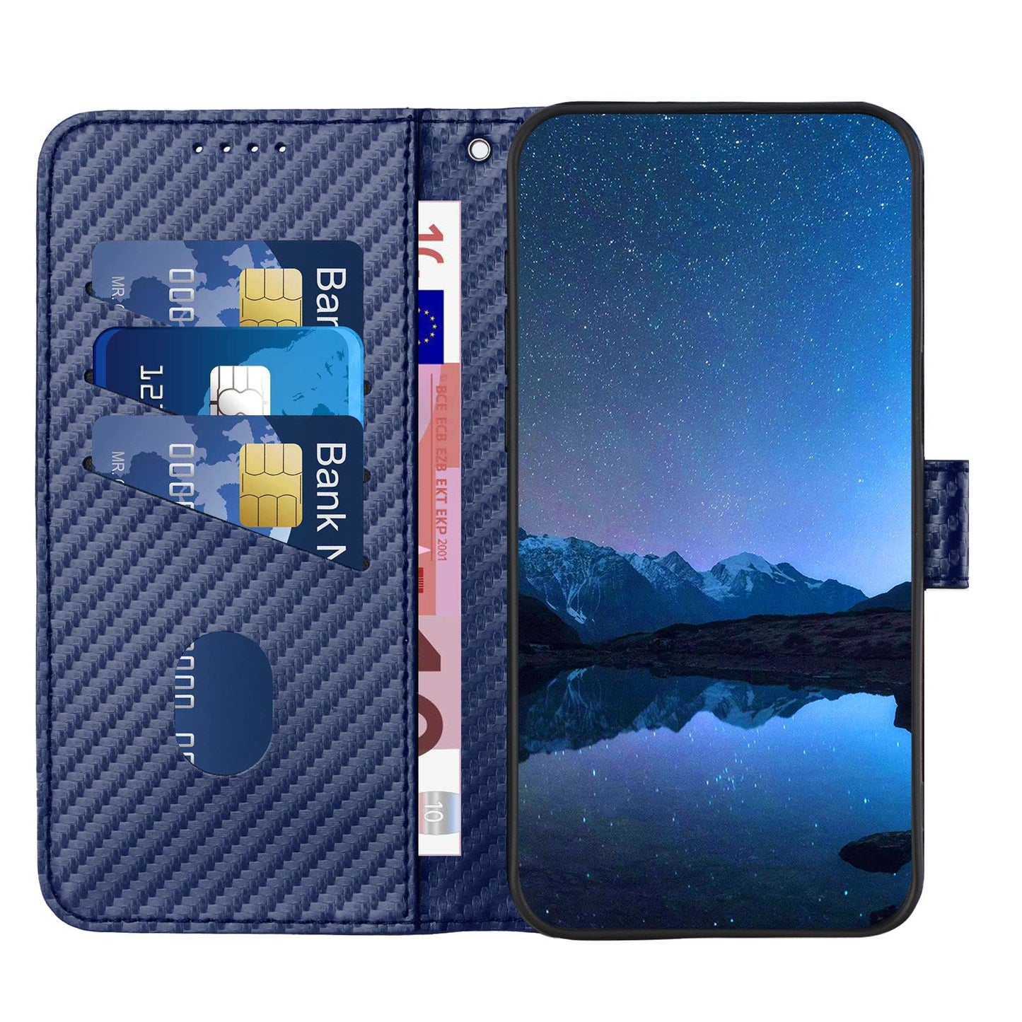 For Samsung Galaxy M16 5G / Galaxy F16 5G Wallet Case with Strap Carbon Fiber Texture Leather Mobile Cover - Royal Blue