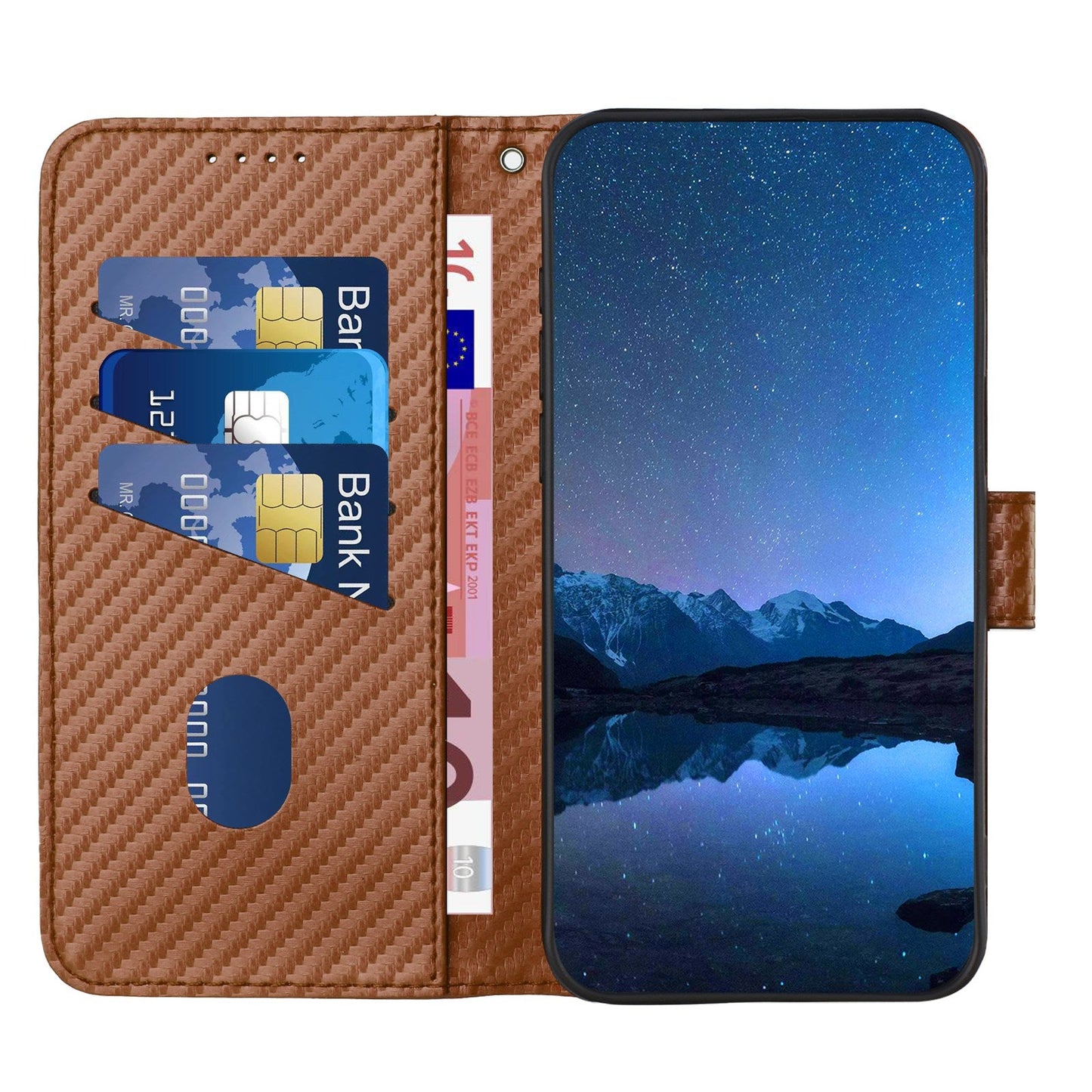 For Samsung Galaxy M16 5G / Galaxy F16 5G Wallet Case with Strap Carbon Fiber Texture Leather Mobile Cover - Coffee