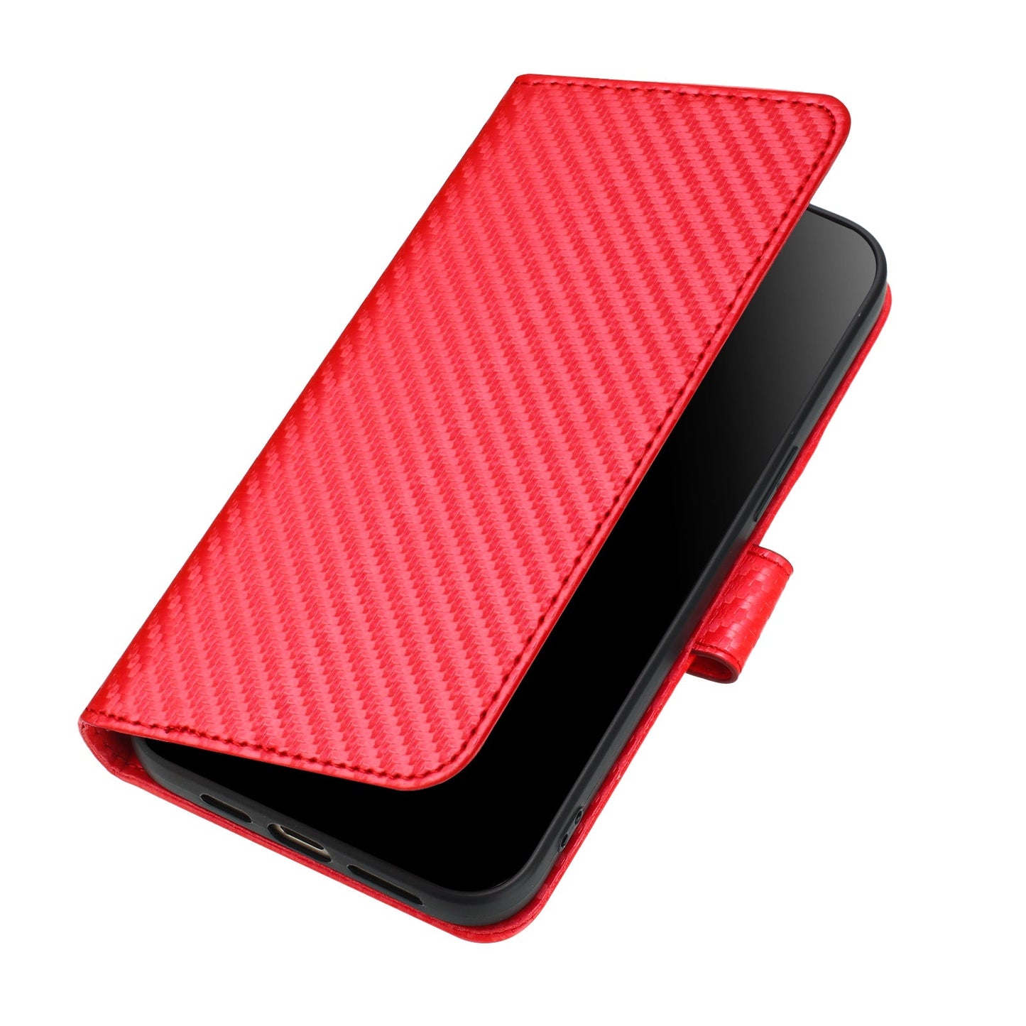 For Samsung Galaxy M16 5G / Galaxy F16 5G Wallet Case with Strap Carbon Fiber Texture Leather Mobile Cover - Red