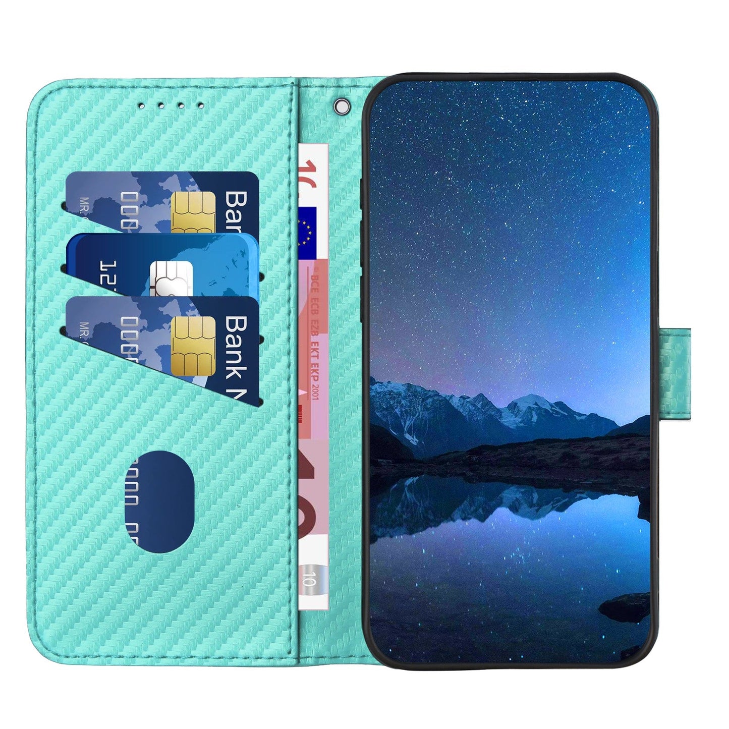 For Samsung Galaxy M16 5G / Galaxy F16 5G Wallet Case with Strap Carbon Fiber Texture Leather Mobile Cover - Light Blue