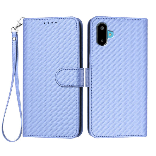 For Samsung Galaxy M16 5G / Galaxy F16 5G Wallet Case with Strap Carbon Fiber Texture Leather Mobile Cover - Purple