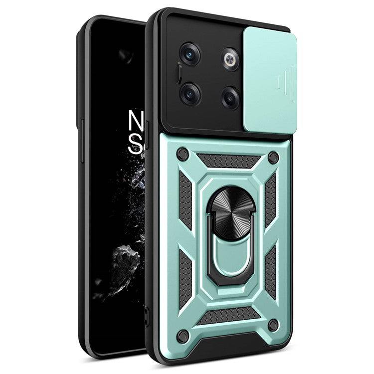 For OnePlus 10T 5G / Ace Pro 5G Drop-proof Phone Cover with Ring Holder Slide Camera Protection PC + TPU Kickstand Cell Phone Case - Green