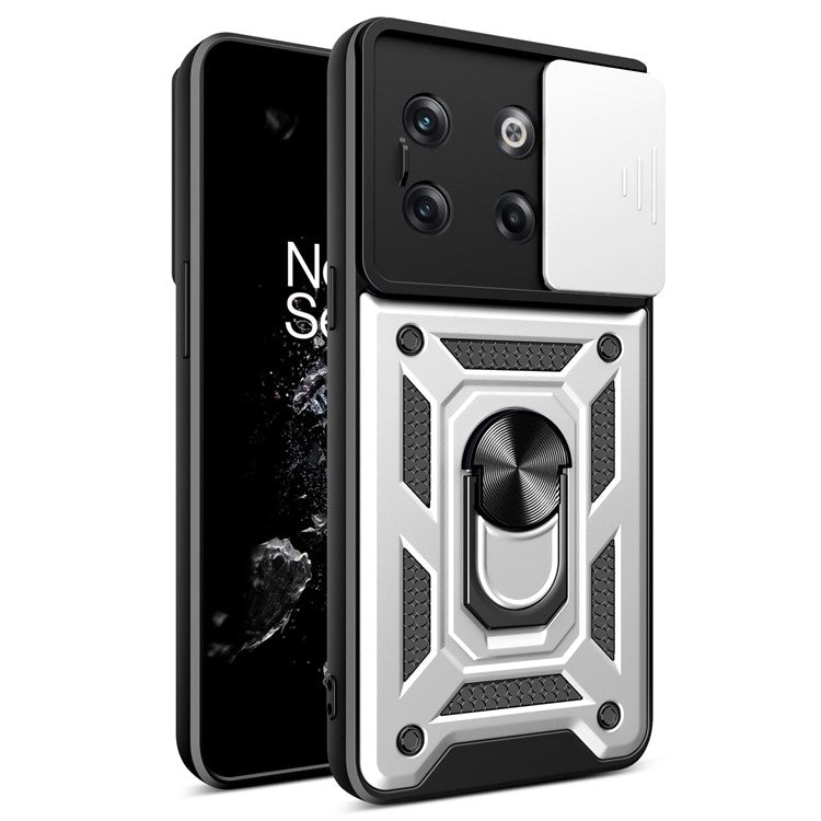 For OnePlus 10T 5G / Ace Pro 5G Drop-proof Phone Cover with Ring Holder Slide Camera Protection PC + TPU Kickstand Cell Phone Case - Silver