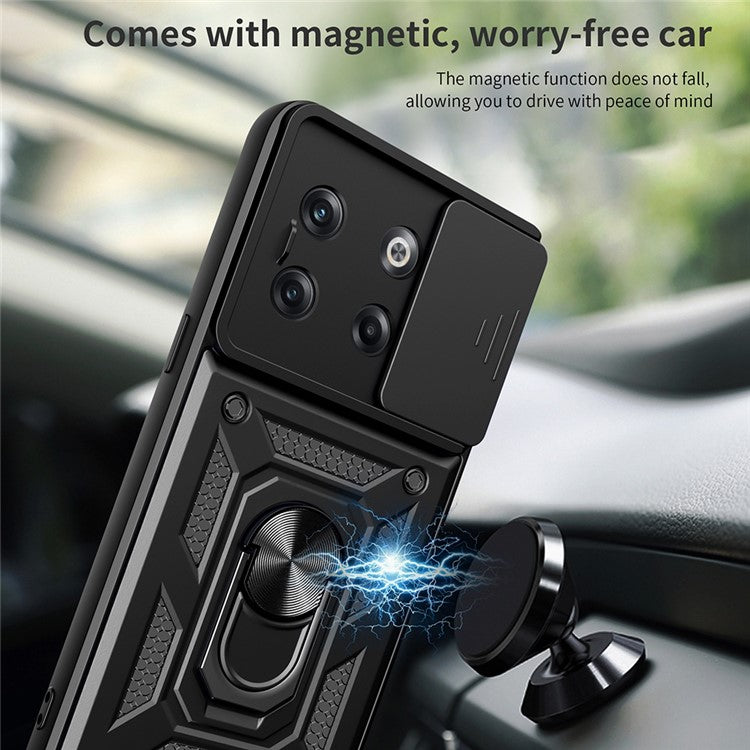 For OnePlus 10T 5G / Ace Pro 5G Drop-proof Phone Cover with Ring Holder Slide Camera Protection PC + TPU Kickstand Cell Phone Case - Silver