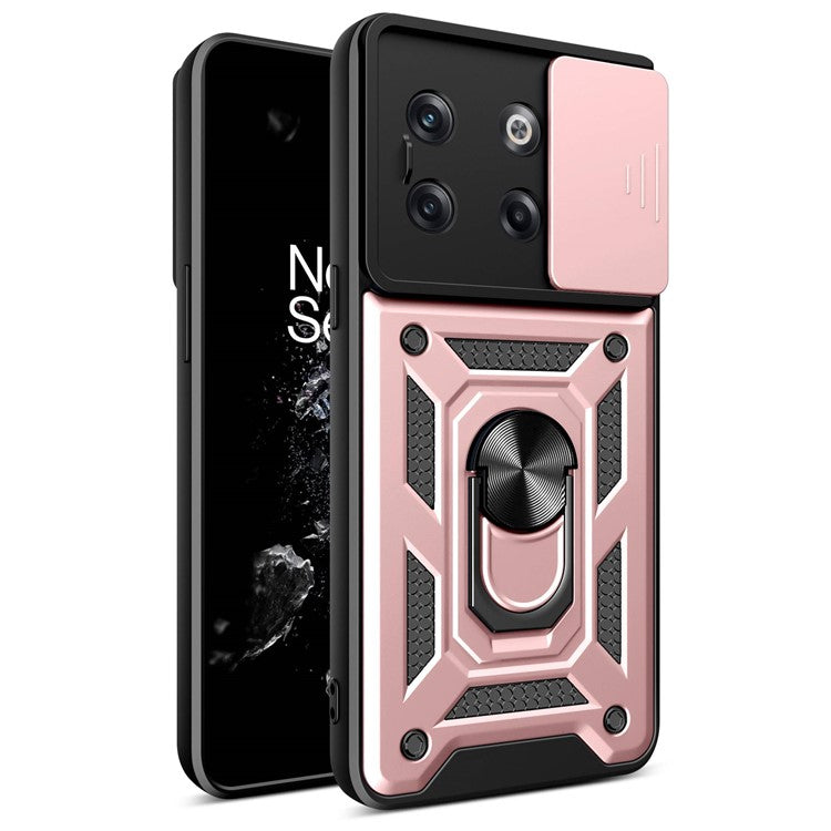 For OnePlus 10T 5G / Ace Pro 5G Drop-proof Phone Cover with Ring Holder Slide Camera Protection PC + TPU Kickstand Cell Phone Case - Rose Gold