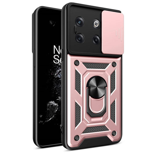 For OnePlus 10T 5G / Ace Pro 5G Drop-proof Phone Cover with Ring Holder Slide Camera Protection PC + TPU Kickstand Cell Phone Case - Rose Gold