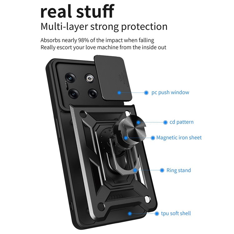 For OnePlus 10T 5G / Ace Pro 5G Drop-proof Phone Cover with Ring Holder Slide Camera Protection PC + TPU Kickstand Cell Phone Case - Red