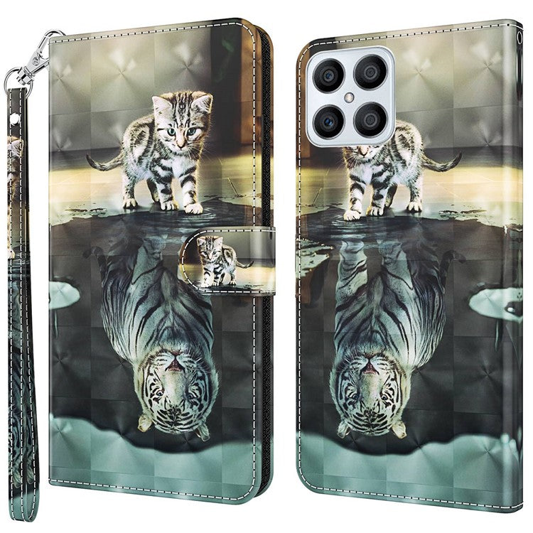 For Honor X8 4G 4G PU Leather Folio Flip Wallet Phone Case Stand Function 3D Creative Pattern Printed Design Full-Body Protective Cover with Strap -  Cat  /  Tiger