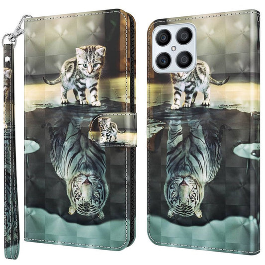 For Honor X8 4G 4G PU Leather Folio Flip Wallet Phone Case Stand Function 3D Creative Pattern Printed Design Full-Body Protective Cover with Strap -  Cat  /  Tiger