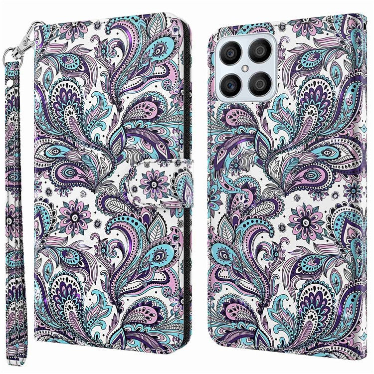 For Honor X8 4G 4G PU Leather Folio Flip Wallet Phone Case Stand Function 3D Creative Pattern Printed Design Full-Body Protective Cover with Strap -  Purple Impatiens