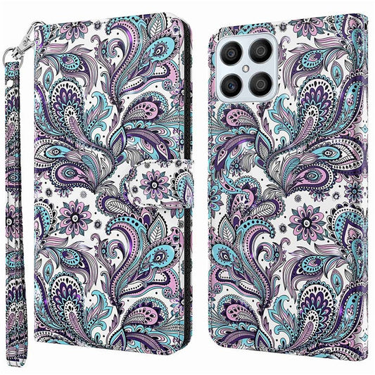 For Honor X8 4G 4G PU Leather Folio Flip Wallet Phone Case Stand Function 3D Creative Pattern Printed Design Full-Body Protective Cover with Strap -  Purple Impatiens